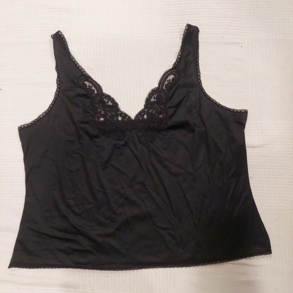 Vtg WonderMaid Camisole Womens Sz 40 Black Satin Lace Slip Top Adjustable USA